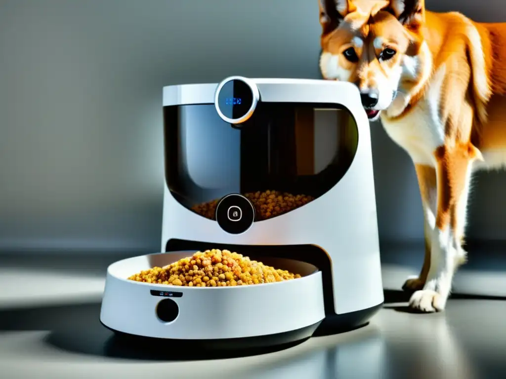 Un comedero automático futurista dispensa comida en un tazón, con diseño minimalista y tecnología avanzada para la Domótica para mascotas DIY