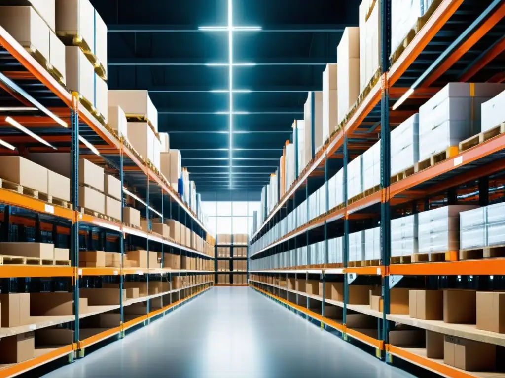 Almacén de comercio electrónico moderno y eficiente con estantes organizados y tecnología de automatización de vanguardia