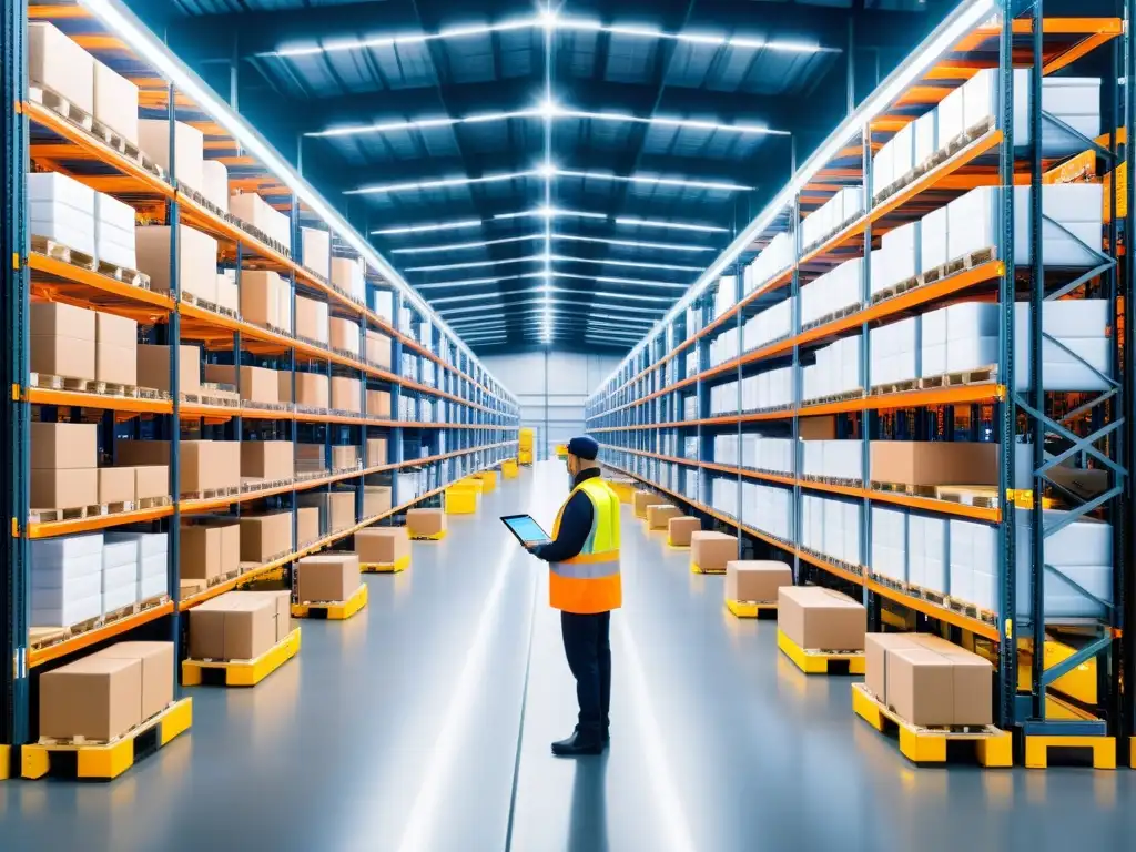 Almacén de comercio electrónico moderno con robots automatizados moviendo productos, trabajadores gestionando inventario