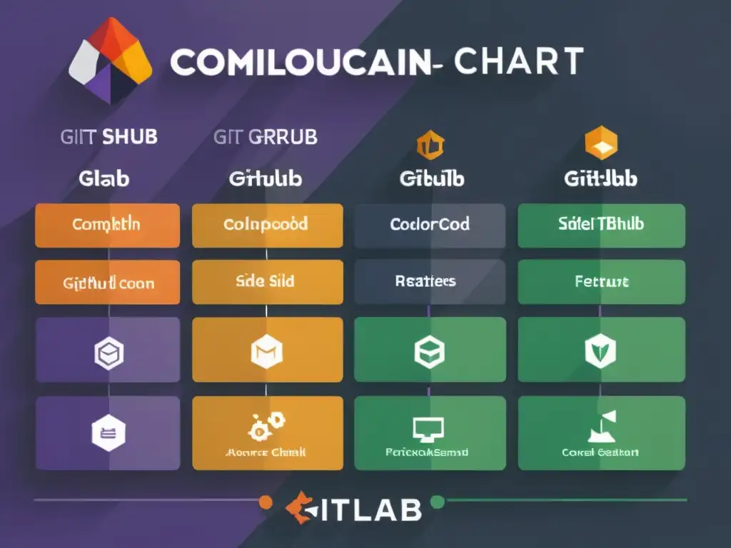 Comparativa GitLab vs GitHub: Detallado cuadro comparativo con secciones codificadas por colores y etiquetas claras para fácil análisis