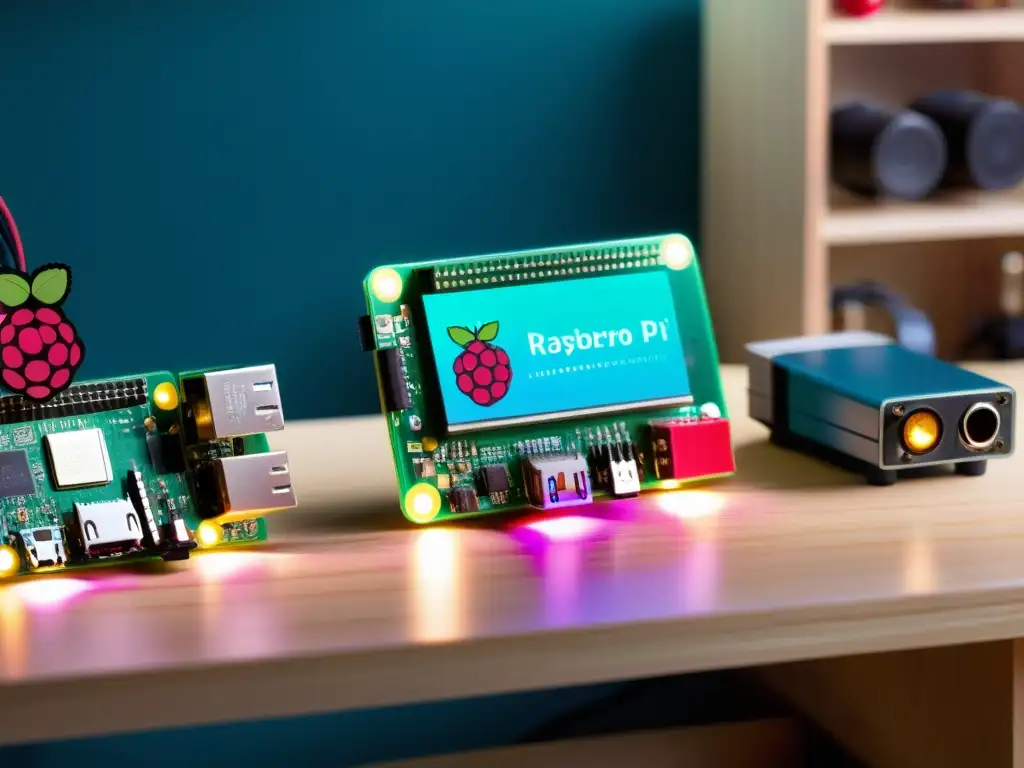 Comparativa Raspberry Pi vs Arduino IoT: Detalle de dispositivos en banco de trabajo con luces LED y sensores, mostrando capacidades para proyectos IoT