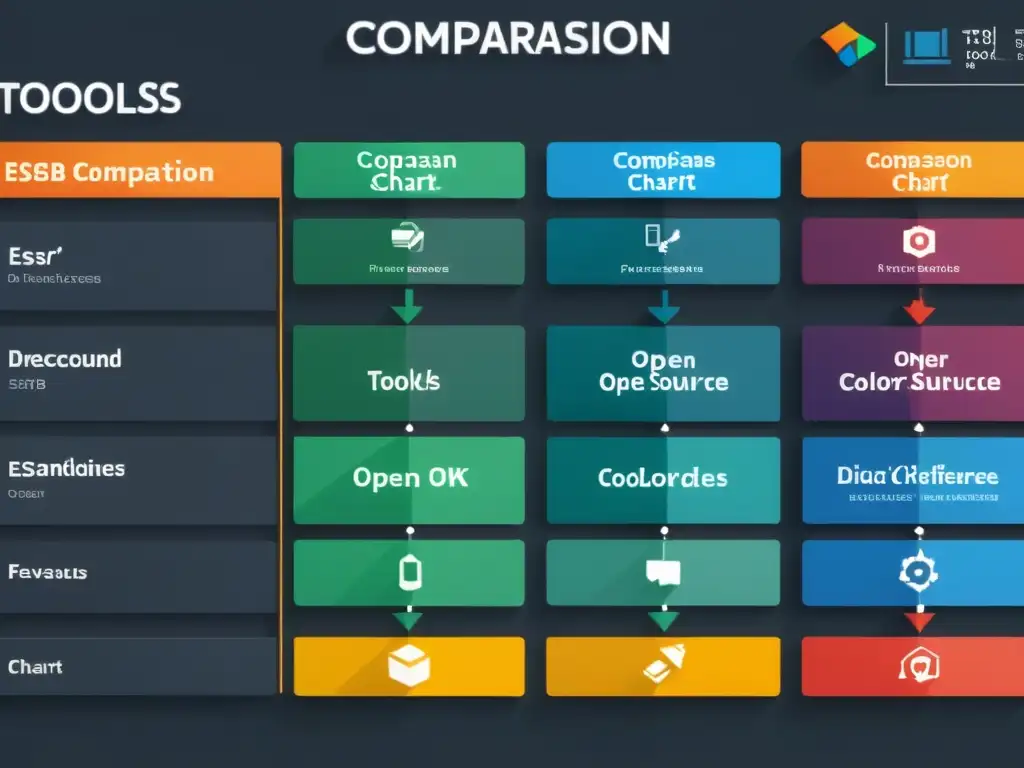 Comparativa herramientas código abierto ESB: Detallado gráfico en 8k de comparación de herramientas ESB, con iconos y gráficos claros y atractivos