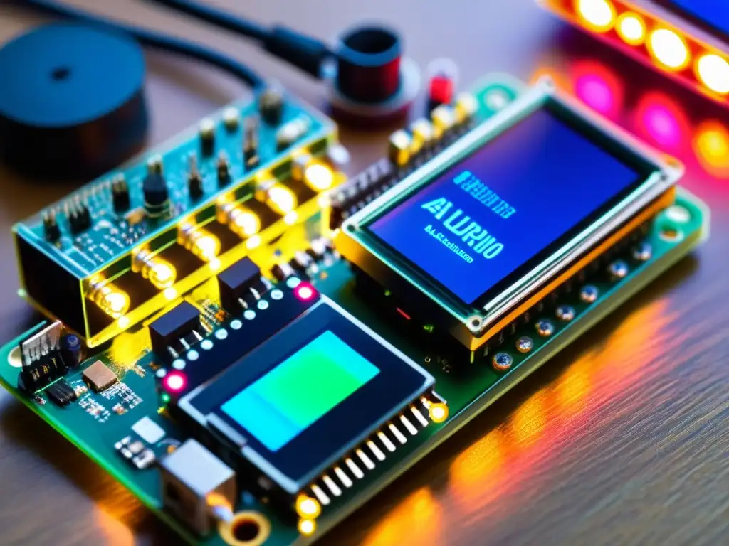 Comparativa Raspberry Pi vs Arduino IoT: Detalle impresionante de componentes electrónicos conectados, con luces LED coloridas y datos en pantallas