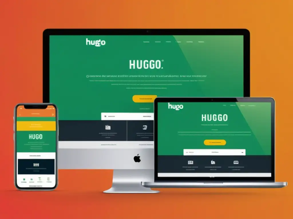 Comparativa entre Jekyll y Hugo: Imagen de un sitio web moderno y dinámico en varios dispositivos, resaltando diseño, colores y navegación intuitiva