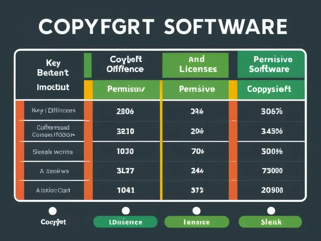 Comparativa de licencias software código abierto en un gráfico detallado y profesional, con colores distintos y tipografía clara