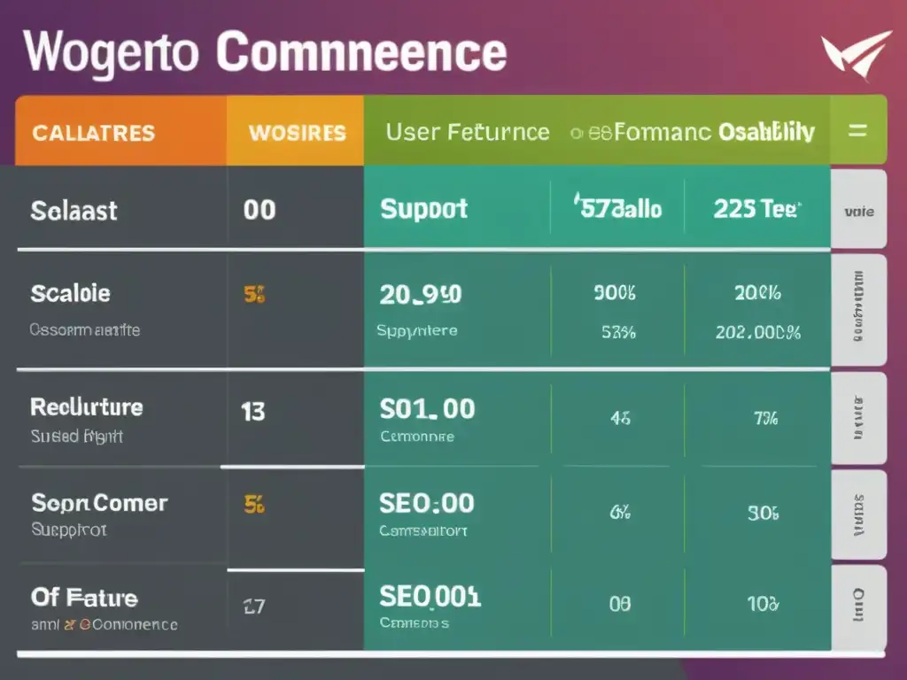 Comparativa Magento vs WooCommerce: Detallado cuadro comparativo de características y rendimiento en colores vibrantes y diseño moderno