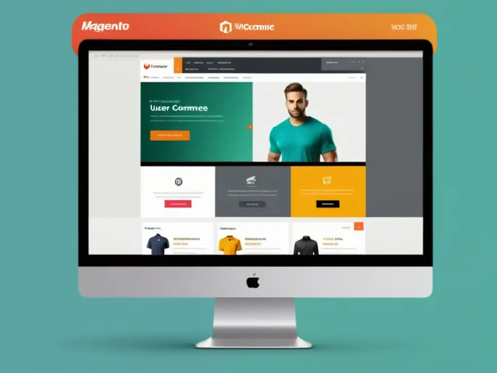 Comparativa Magento vs WooCommerce: Interfaces modernas y coloridas, destacando fortalezas y usabilidad