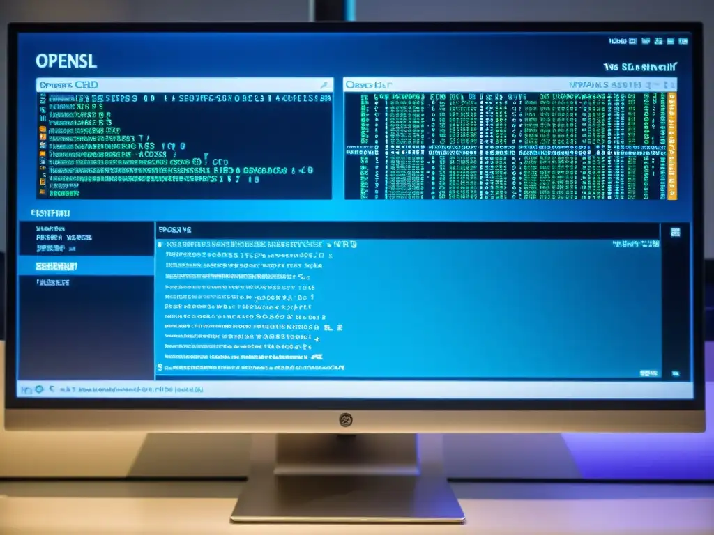 Comparativa OpenSSL vs alternativas open source: Detalles de código en pantallas de computadora, ambiente profesional de alta tecnología