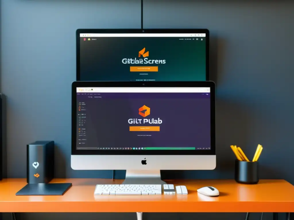 Comparativa GitLab vs GitHub: Dos pantallas de computadora con interfaces modernas y profesionales, rodeadas de un espacio de trabajo minimalista