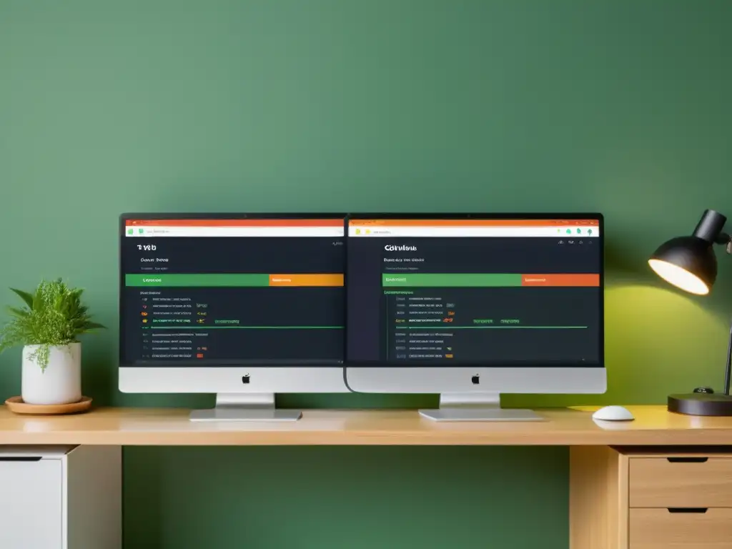 Comparativa GitLab vs GitHub: Pantallas de ordenador con interfaces modernas y colores vibrantes, reflejando colaboración profesional y tecnología