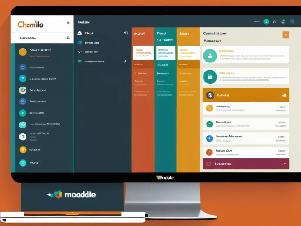Comparativa plataformas educativas código abierto: Detalle de Chamilo y Moodle, destacando su diseño moderno y funcionalidades