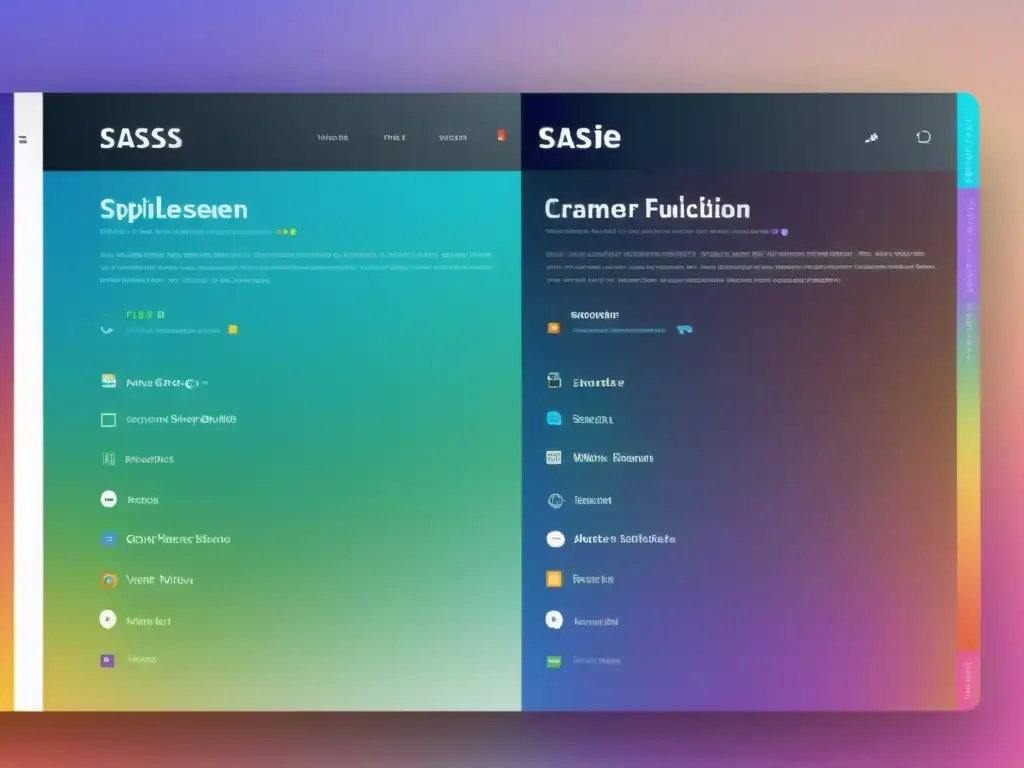 Comparativa de preprocesadores CSS: detallada análisis de Sass y LESS en pantalla dividida con elegante diseño degradado