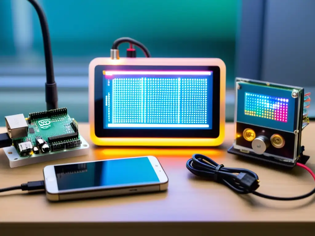 Comparativa Arduino Raspberry Pi proyectos Open Source: Imagen detallada de dispositivos y sensores conectados, ambiente profesional e innovador