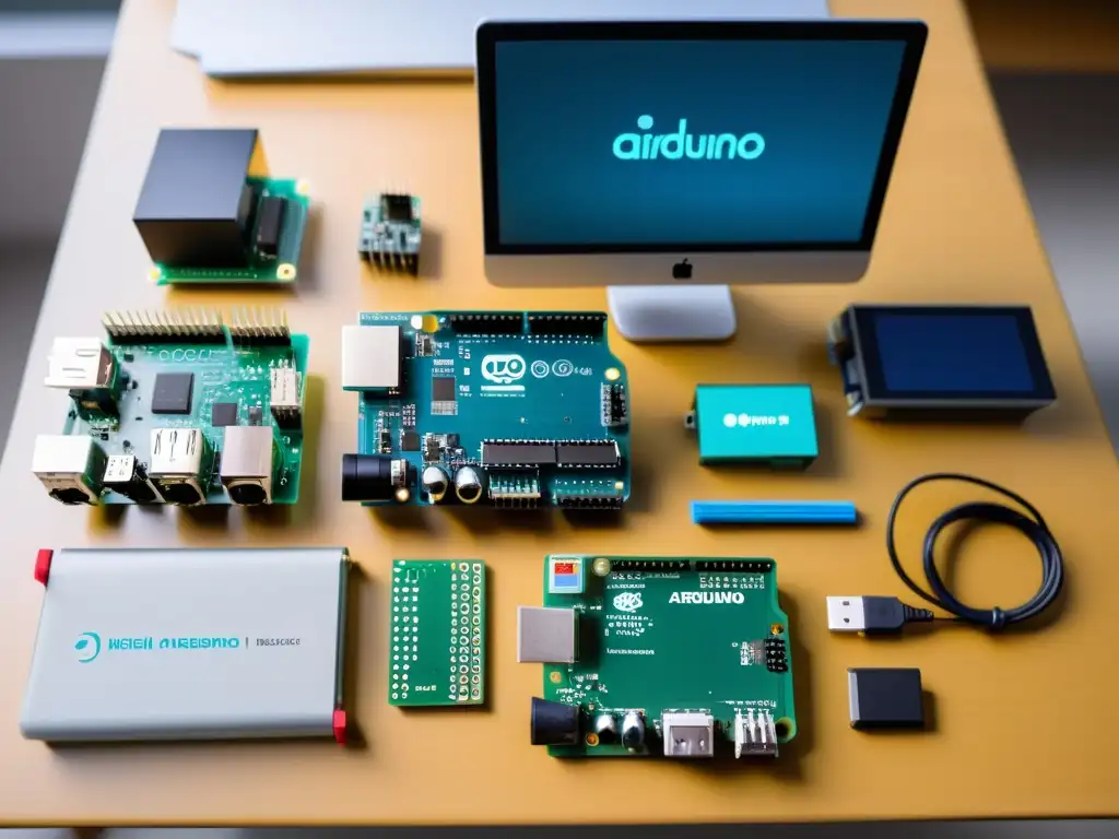 Comparativa Arduino Raspberry Pi proyectos Open Source: Imagen de escritorio con kits ordenados, componentes electrónicos y notas en pizarra