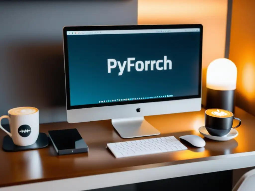 Comparativa de TensorFlow y PyTorch en un entorno de trabajo moderno y profesional, rodeado de libros de programación, una libreta y una taza de café