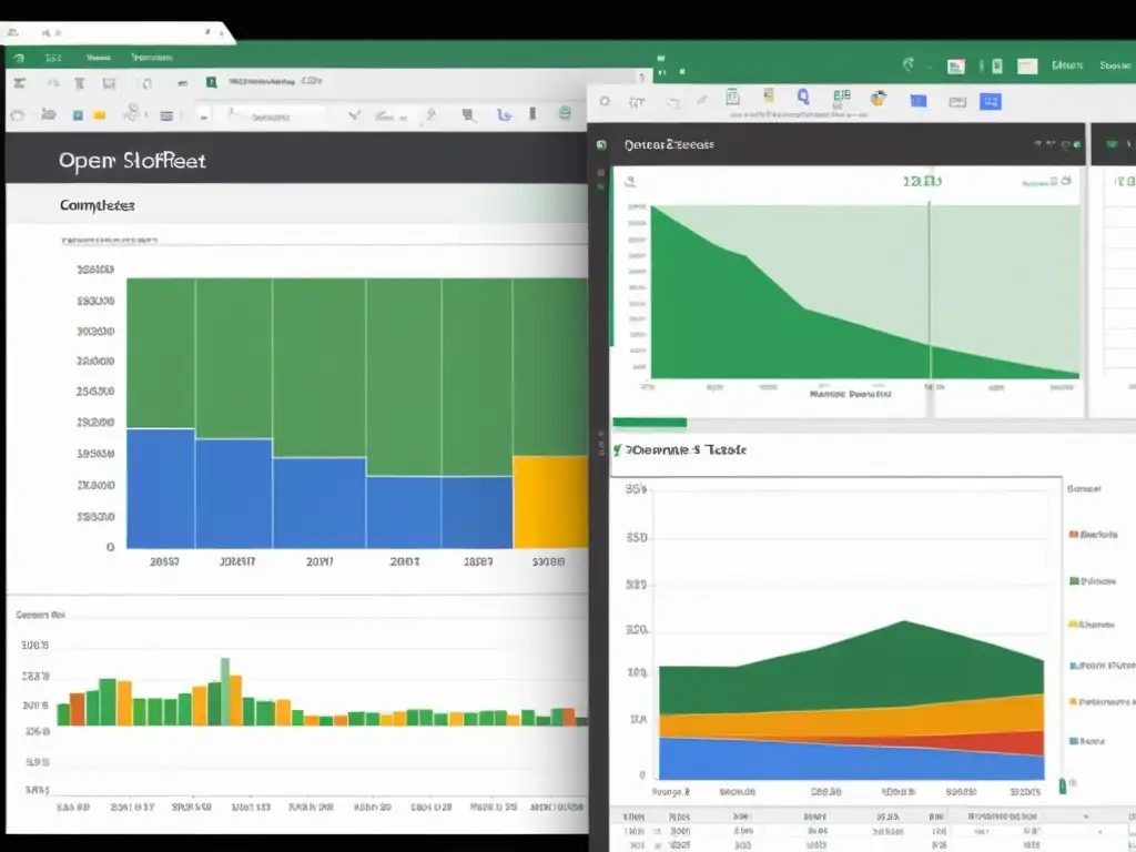 Comparativa de rendimiento entre LibreOffice y Google Workspace, mostrando gráficos y tablas coloridas en alta resolución