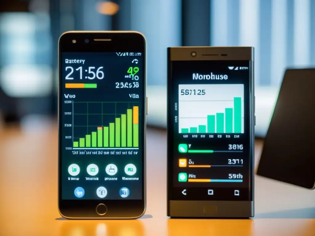 Comparativa rendimiento sistemas operativos móviles libres: Dos smartphones muestran gráficos de uso de batería en un entorno profesional y analítico