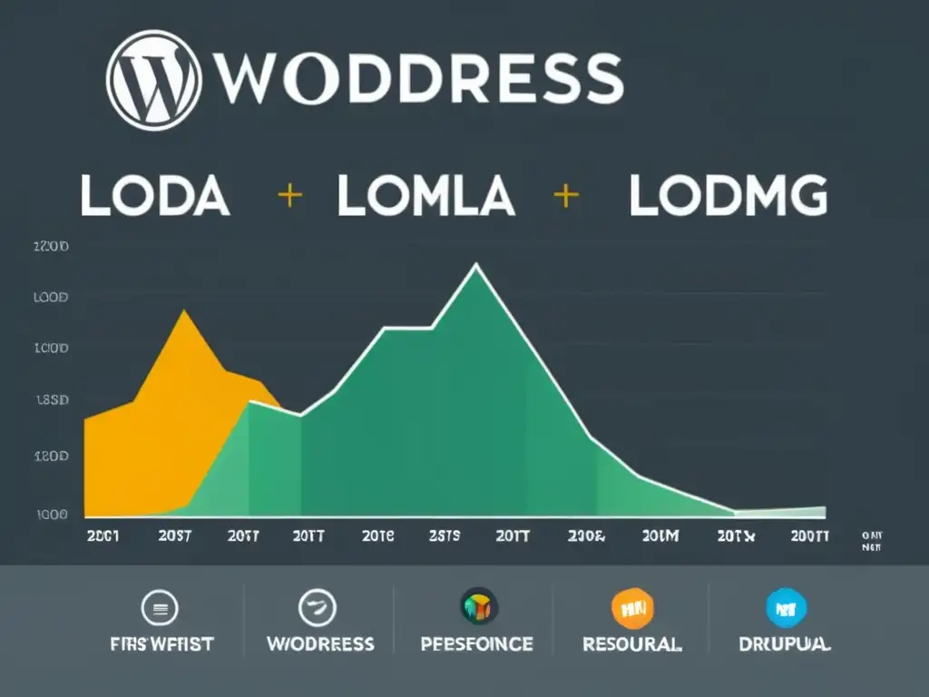 Comparativa de rendimiento entre WordPress, Drupal y Joomla con gráficos detallados y diseño moderno