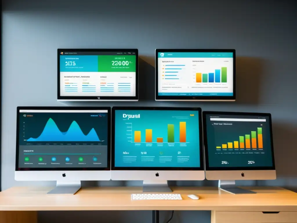 Comparativa de rendimiento entre WordPress, Drupal y Joomla en monitores modernos en una oficina minimalista con luz natural