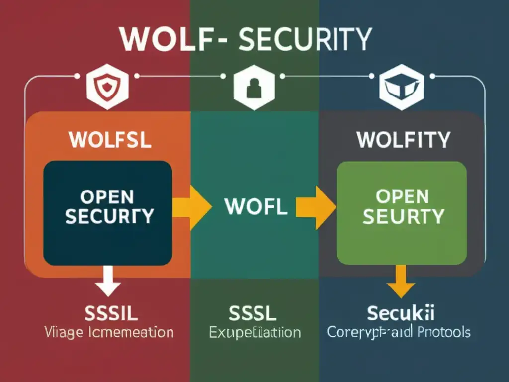 Comparativa de seguridad entre OpenSSL y WolfSSL: detalles de algoritmos y procesos de encriptación en imagen de diseño moderno y vibrante