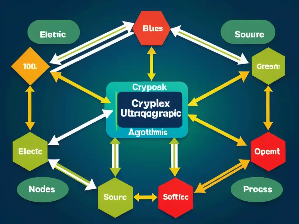 Compleja comparativa algoritmos criptográficos software código abierto, detallada y vibrante, en azules, verdes y rojos