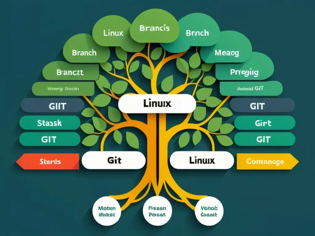 Compleja estructura de árbol que representa estrategias avanzadas de control de versiones en Linux usando Git, con colores vibrantes y diseño moderno