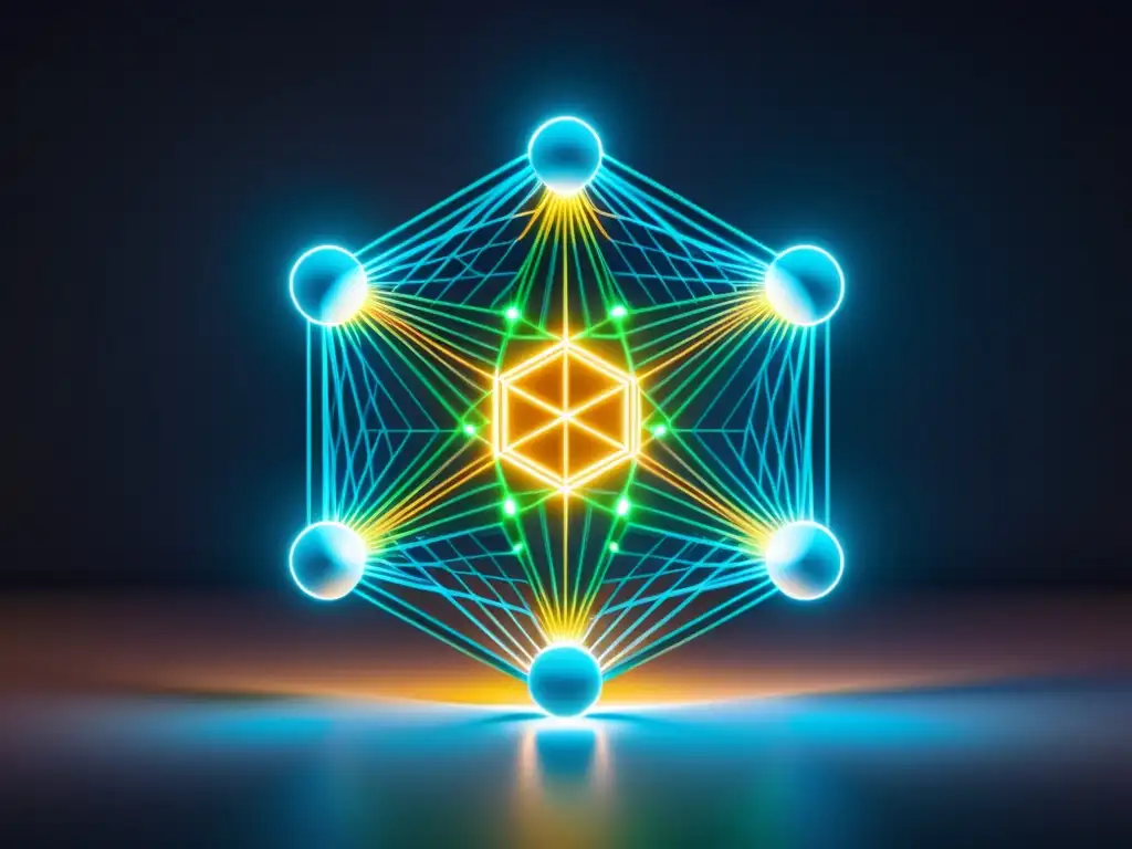 Compleja estructura de base de datos gráfica futurista con nodos interconectados y líneas dinámicas, resplandeciendo en un entorno virtual