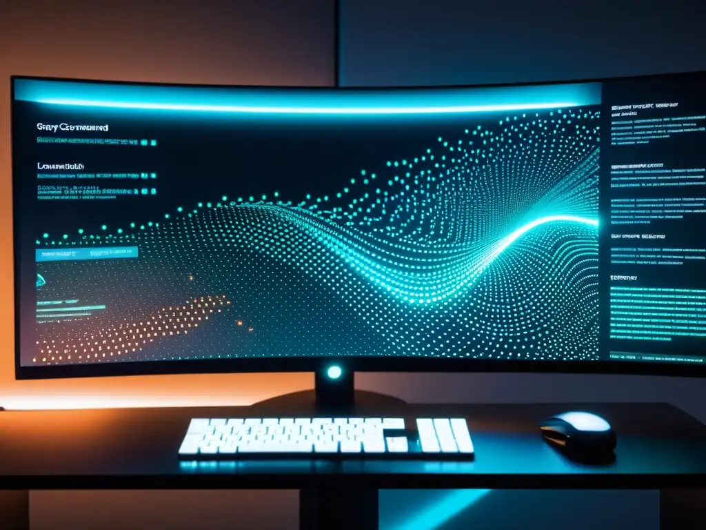 Interfaz de comando y ciberseguridad avanzada en Linux Compleja interfaz de comandos y visualizaciones digitales futuristas en pantalla de computadora, reflejando las mejores prácticas seguridad Linux