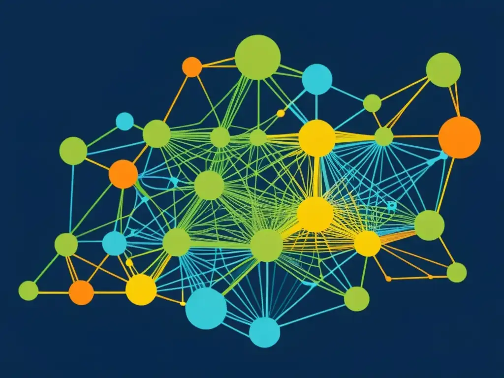 Compleja red de líneas y nodos interconectados en azules, verdes, naranjas y amarillos, ilustrando la evolución del software de código abierto