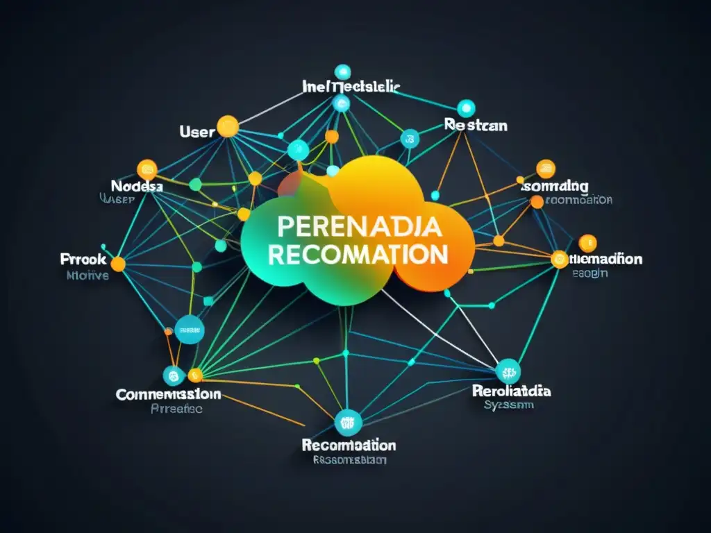 Compleja red neuronal de datos interconectados en un fondo oscuro, mostrando la intrincada operación de sistemas de recomendación open source