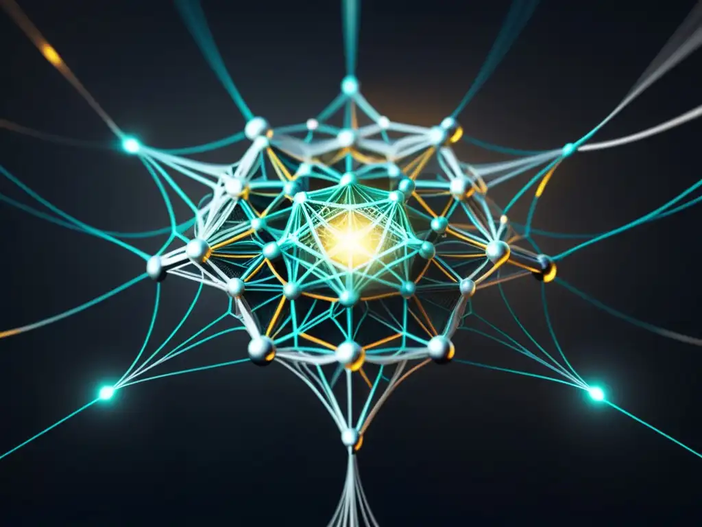 Red neuronal futurista: nodos brillantes y datos en flujo Compleja red neuronal futurista con nodos brillantes y flujos de datos, evocando tecnología de vanguardia