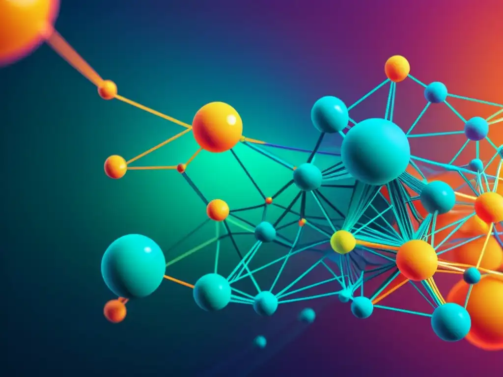 Compleja red de nodos y relaciones en colores vibrantes y diseño futurista, transmitiendo beneficios bases de datos grafos