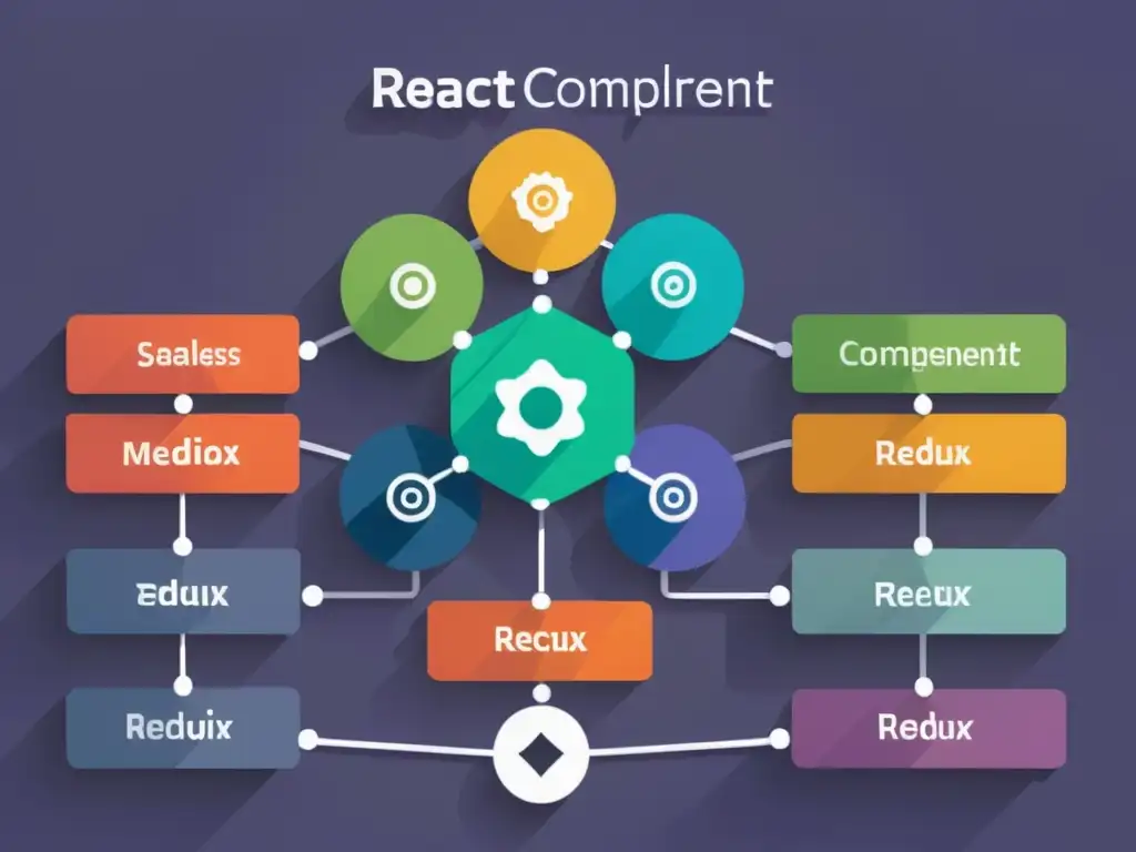 Complejo árbol de componentes React conectado con Redux, mostrando la gestión eficaz del estado en aplicaciones React