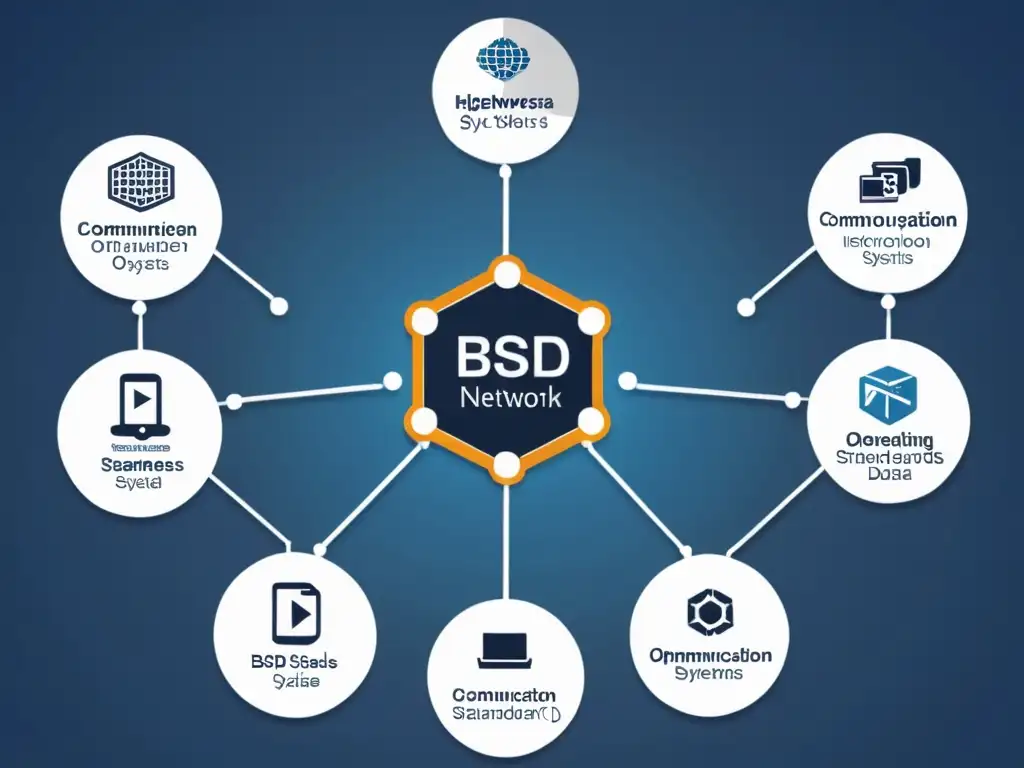 Complejo diagrama de red mostrando la interoperabilidad de BSD con sistemas operativos, resaltando protocolos de comunicación