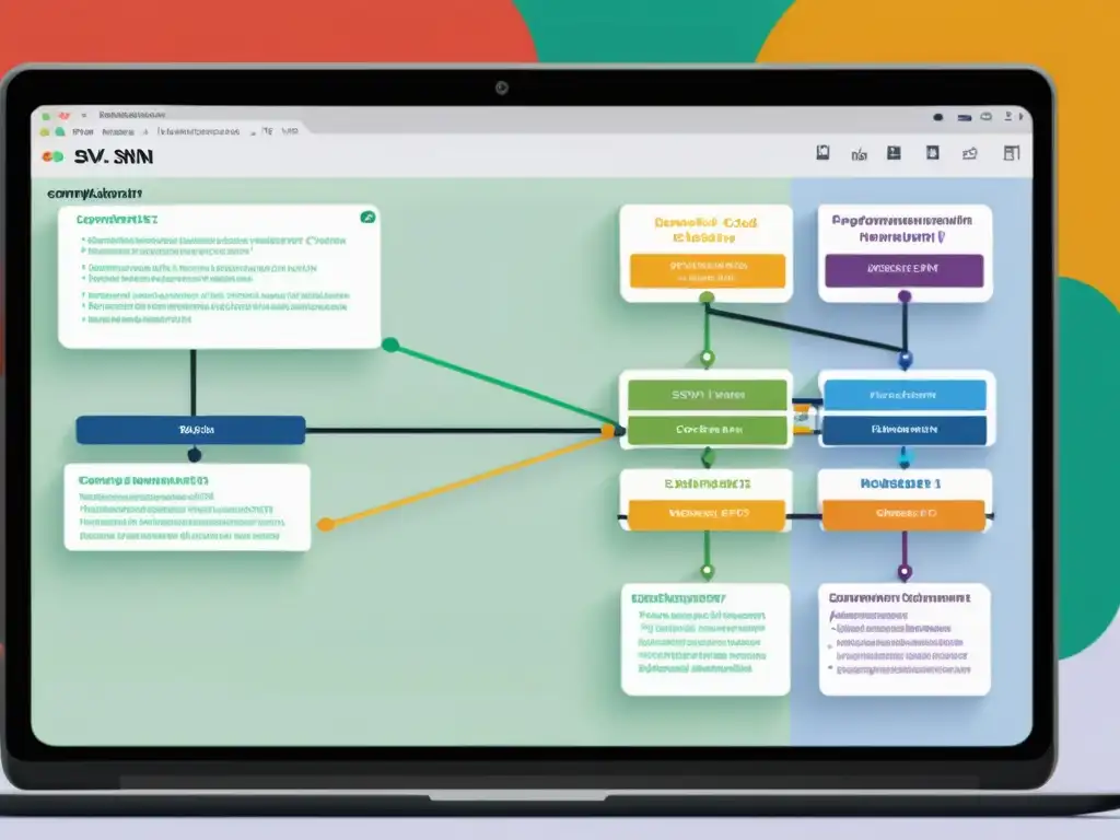 Complejo diagrama de ramificación y fusión SVN, mostrando estrategias de optimización