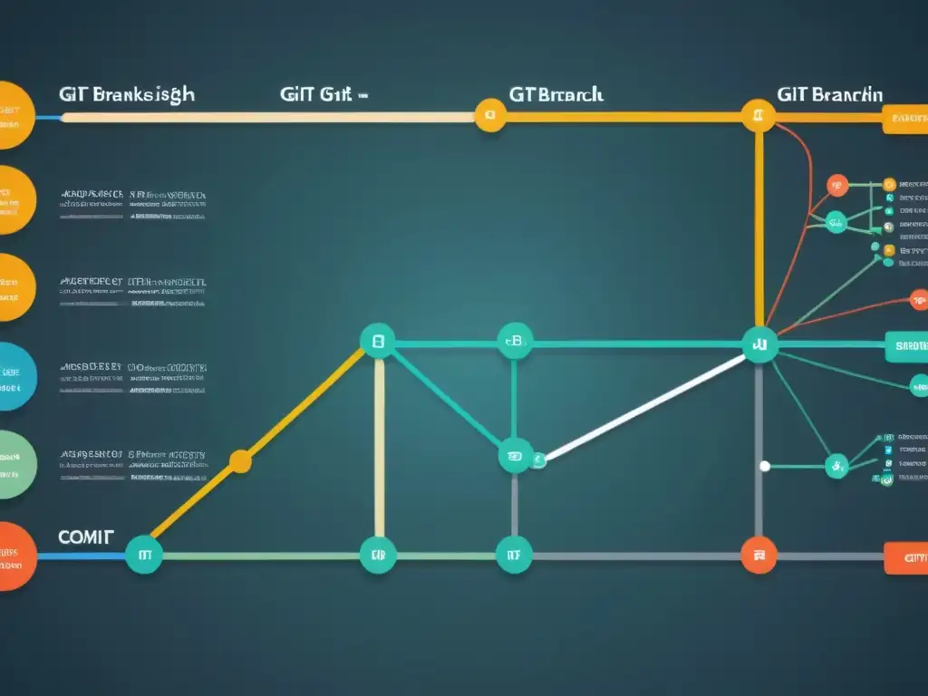 Complejo diagrama de ramificación Git con técnicas avanzadas para dominar branches en Git, colores vibrantes y líneas nítidas