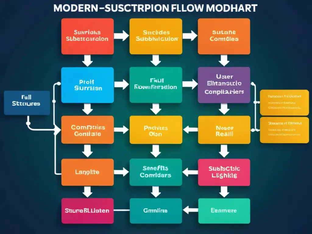 Complejo flujo de suscripción con nodos interconectados y colores vibrantes, representando diferentes niveles y opciones de suscripción