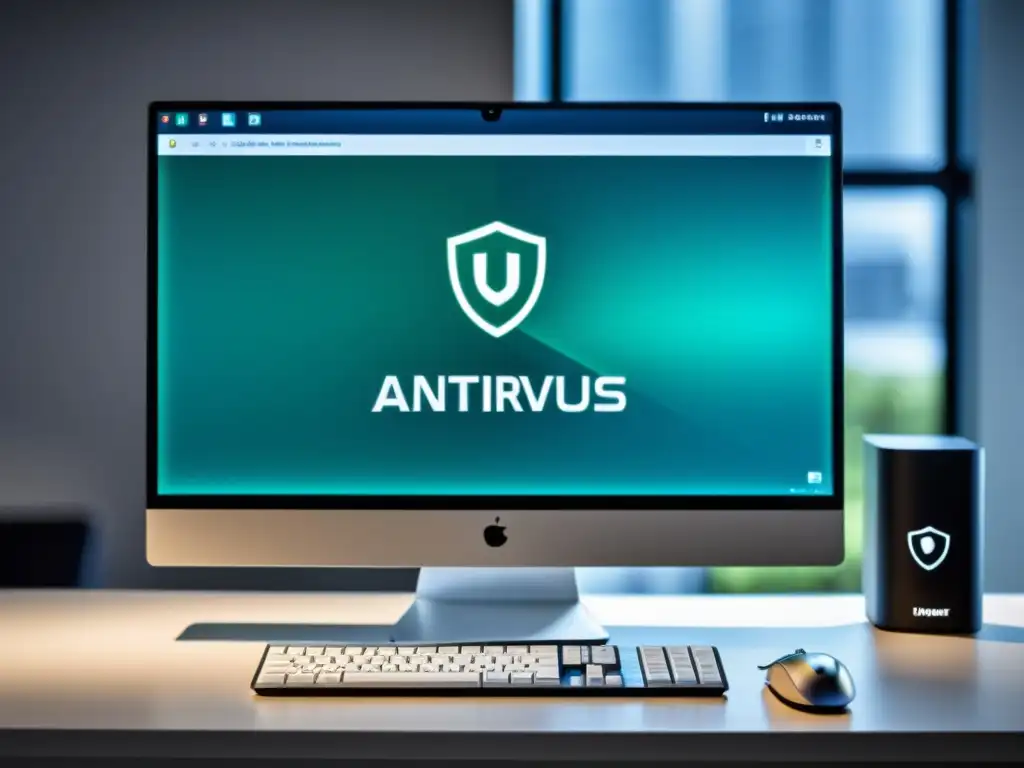 Una computadora futurista con software antivirus de código abierto, mostrando avanzada protección