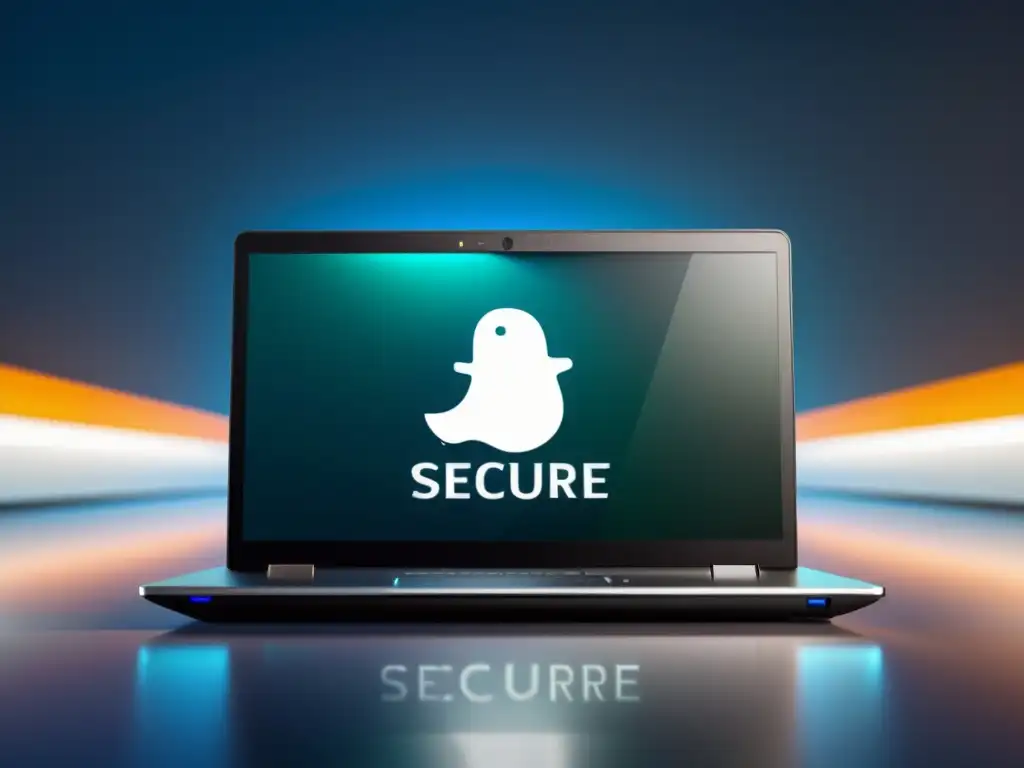 Una computadora portátil moderna y elegante ejecutando un sistema operativo Linux seguro, con herramientas de encriptación y privacidad destacadas