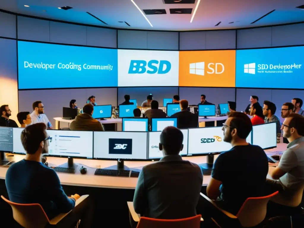 Comunidad de desarrolladores BSD en un evento colaborativo, destacando entornos de programación esenciales BSD