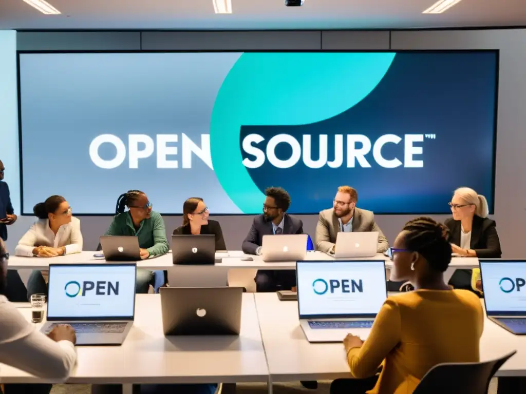 Comunidad diversa colaborando en Open Source, con intensa concentración y trabajo en equipo alrededor de una mesa llena de laptops y papeles