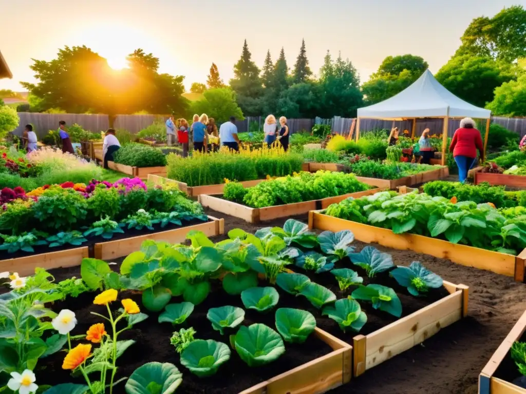 Una comunidad diversa cuida un jardín sostenible al atardecer