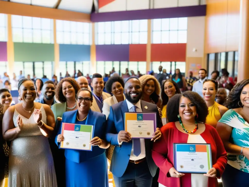 Una comunidad diversa y vibrante celebra logros con premios en la comunidad de código abierto, en un espacio lleno de alegría y orgullo