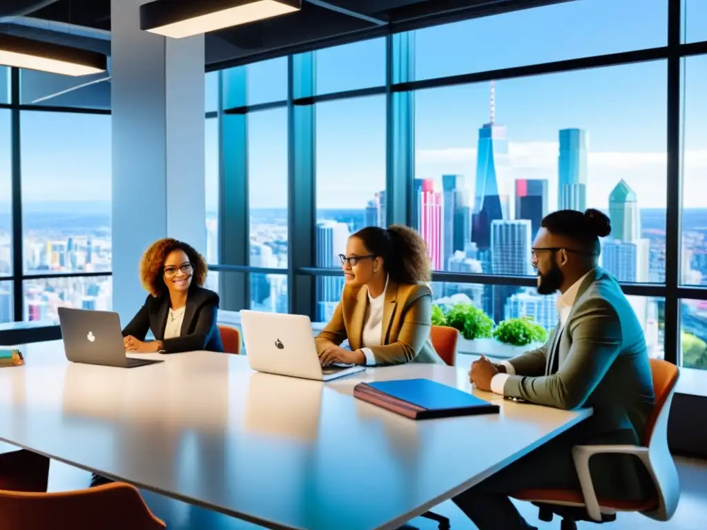 Comunidad de profesionales colaborando en un espacio de oficina moderno, discutiendo y trabajando en soluciones de software ERP de código abierto