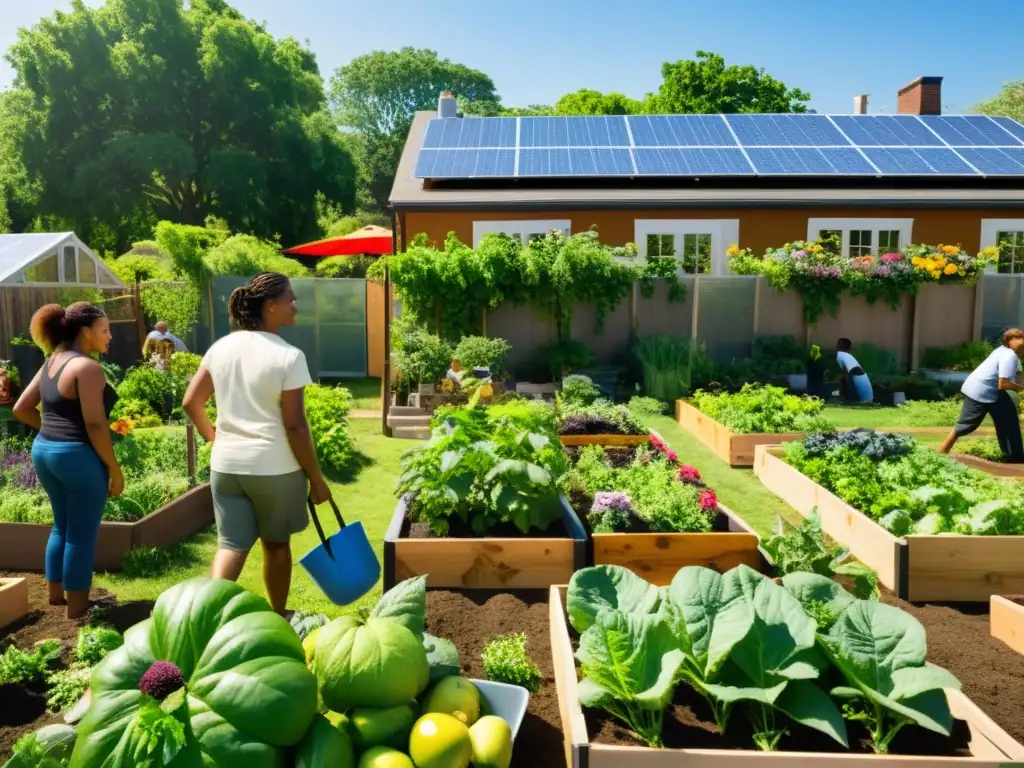 Comunidades diversas colaboran en un jardín sostenible y vibrante, reflejando prácticas sostenibles y colaboración comunitaria