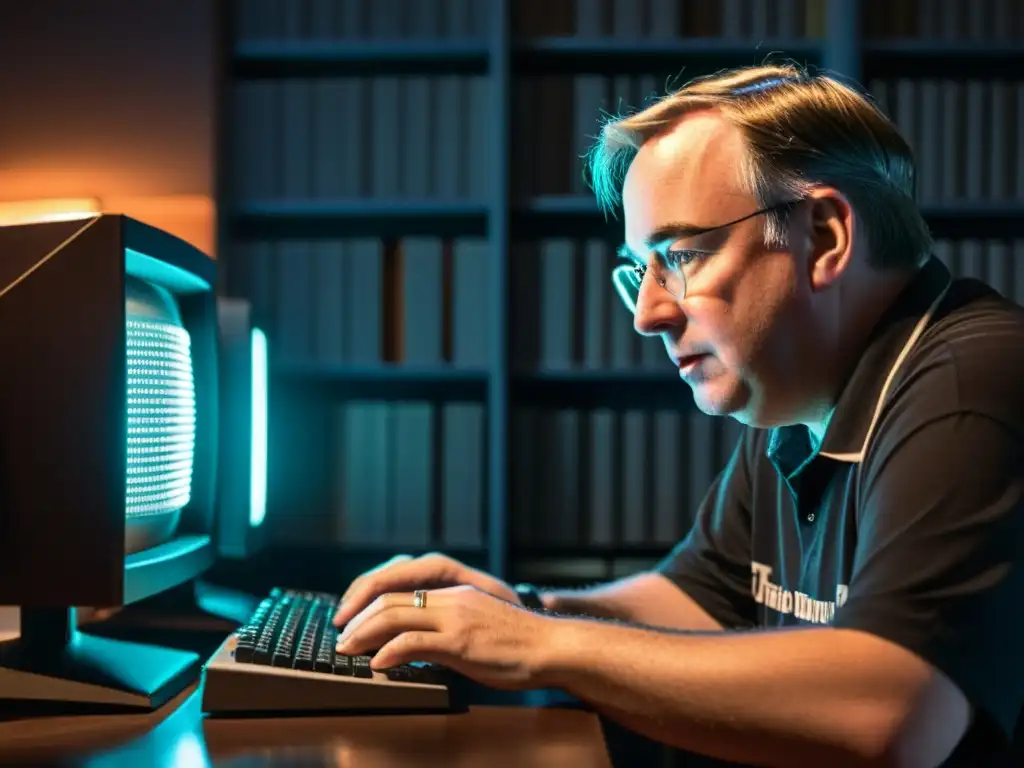 Linus Torvalds concentradamente escribe código en un viejo ordenador en una habitación tenue, rodeado de libros y notas