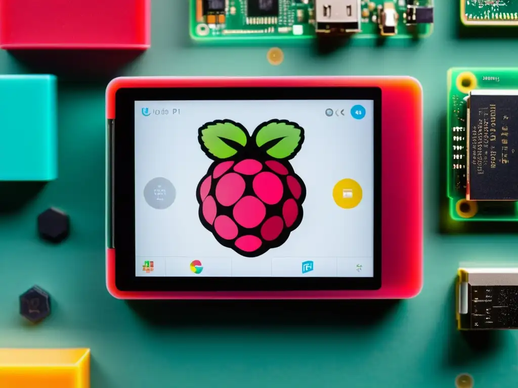 Raspberry Pi conectado a pantalla táctil, rodeado de bloques de código y material educativo