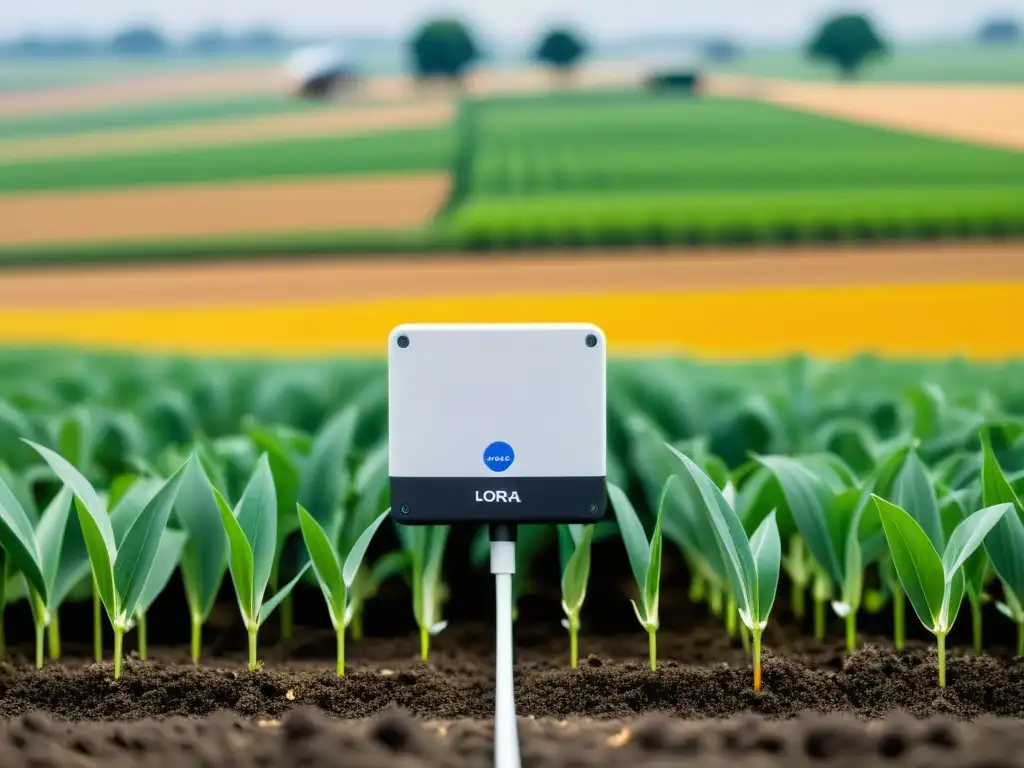 Un gateway LoRa conectado a sensores IoT en un campo agrícola