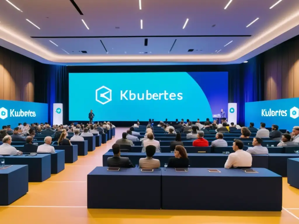 Conferencia animada de la comunidad colaboradores Kubernetes código abierto, con intercambio de ideas y energía innovadora