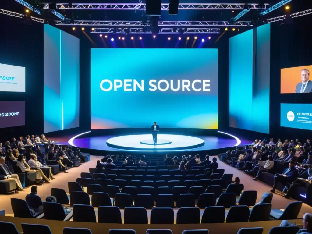Conferencia futurista sobre tendencias software código abierto: hologramas, luces LED dinámicas y presentación impactante sobre el futuro tecnológico